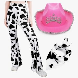 Halloween cowgirl costume 3 pieces: Cow Print Pants, Cowgirl Pink Hat, Bandanna
